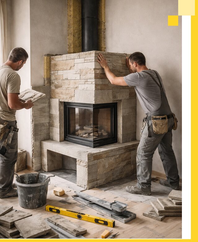 Угловые камины под ключ проект, монтаж и отделка в Мариинске