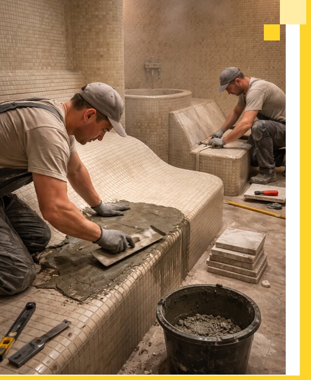 Лежаки для хамама под ключ в Мариинске, проект и монтаж